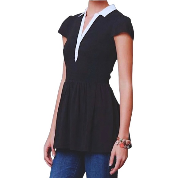 Anthropologie Preppy Top 2 Small Blouse Black White Trim Retro Fit + Flare NWT - Picture 5 of 16